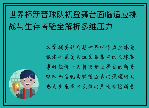 世界杯新晋球队初登舞台面临适应挑战与生存考验全解析多维压力